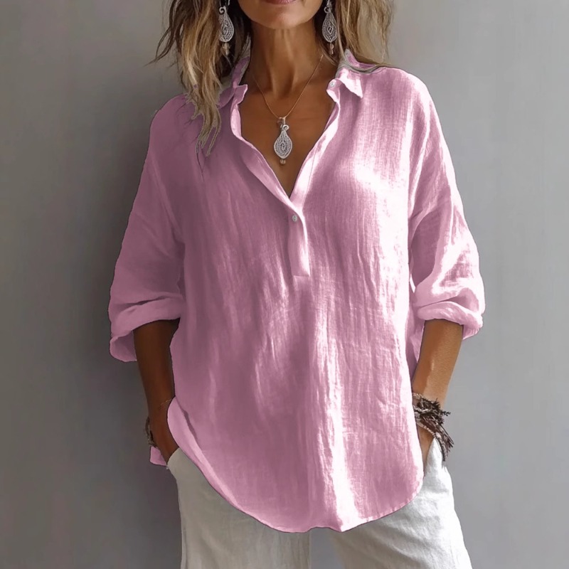 Chemisier en coton et lin pour femme, manches longues, col rabattu, couleur unie, décontracté, ample, respirant, idéal pour l'été et le bureau
