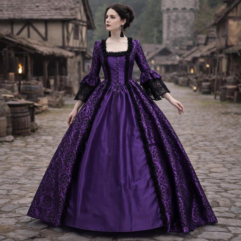 Robe maxi gothique médiévale pour femmes, robe de cosplay à col carré en dentelle et manches évasées de la Renaissance