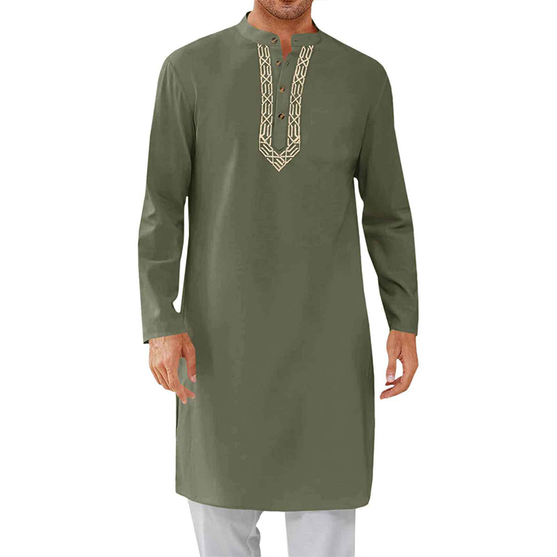 Eid Mubarak - Kaftan pour hommes musulmans - Chemise longue - Broderie dorée de luxe - Col Henry - Manches longues - Robe traditionnelle du Moyen-Orient - Abaya décontractée