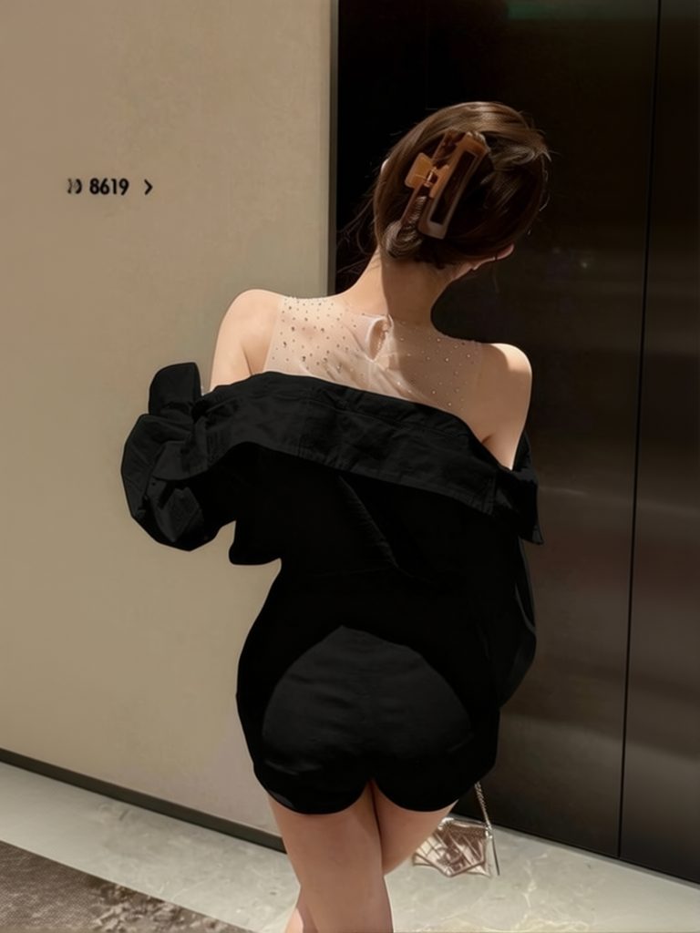 Chemisier élégant à sequins en maille pour femme, à épaules dénudées, manches longues - Modèle blanc boutonné pour les soirées et les tenues décontractées