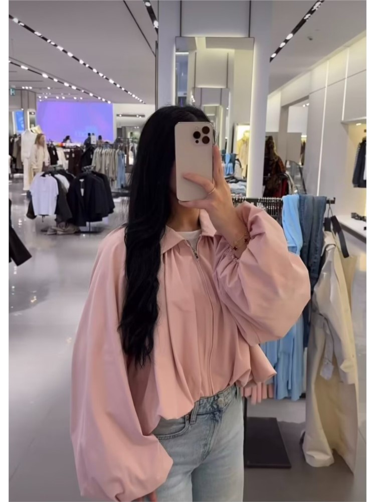 Blouson Bomber Femme Tendance Col Rabattu Manches Longues Bouffantes Ourlet Froncé Poches Fermeture Éclair Manteau Chic pour Femme