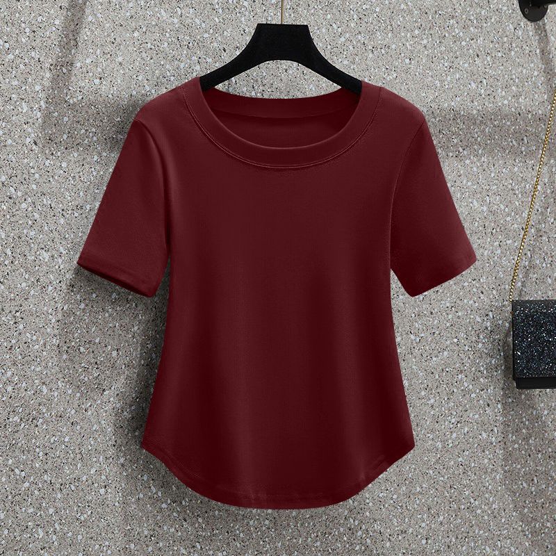 T-shirt coréen pour femme à col rond, doux, cintré, à manches courtes, couleur unie, respirant et léger