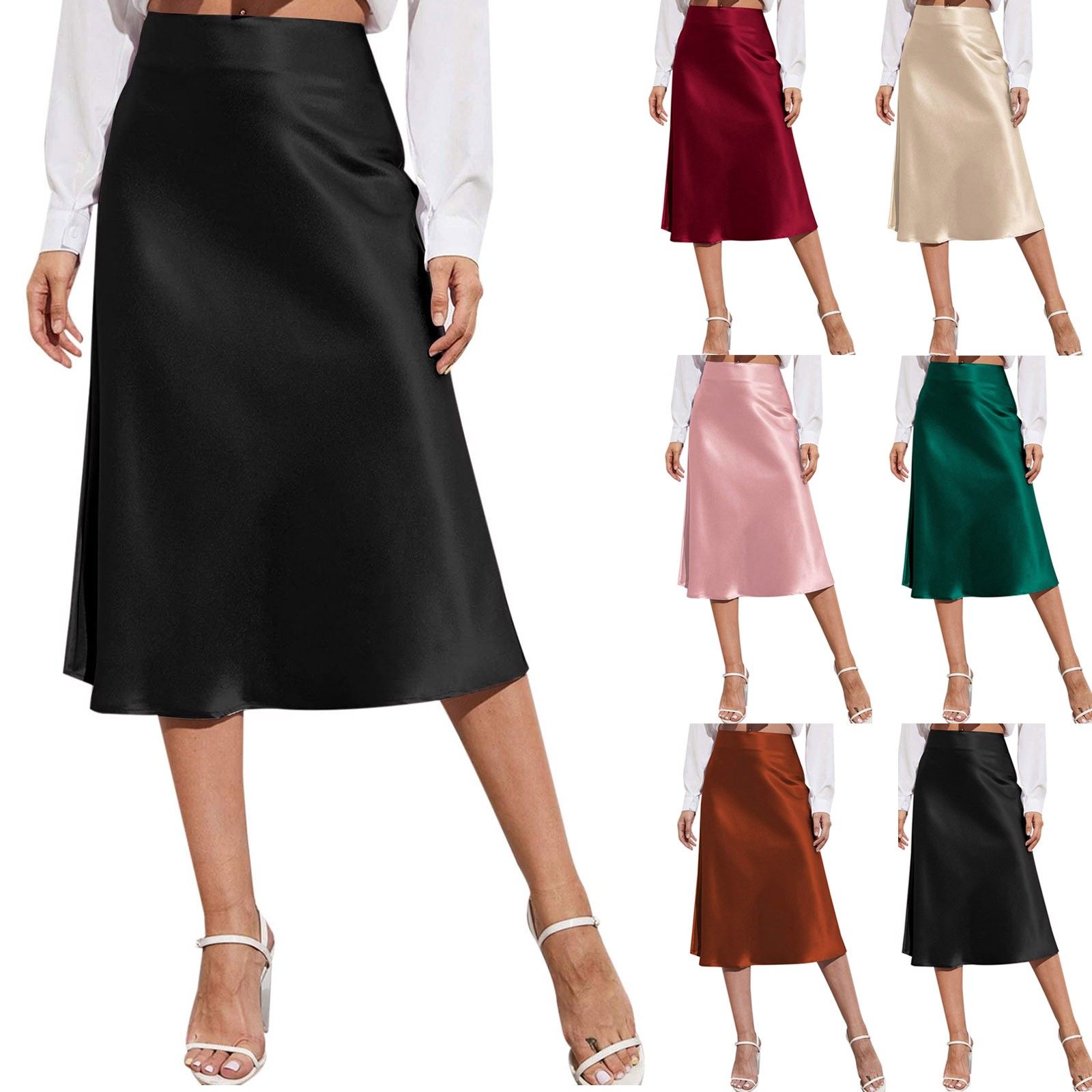 Jupe élégante en Satin de soie pour femmes, taille haute, mi-longue, couleur unie, pour le travail au bureau, jupe formelle brillante pour dames d'affaires