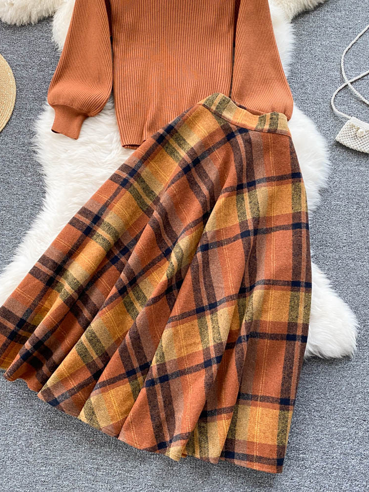 Ensemble Deux Pièces Vintage pour Femme, Pull à Manches sulf, Haut en Tricot + Jupe Longue à Carreaux Taille Haute, Costumes Élégants Orange, Automne et Hiver