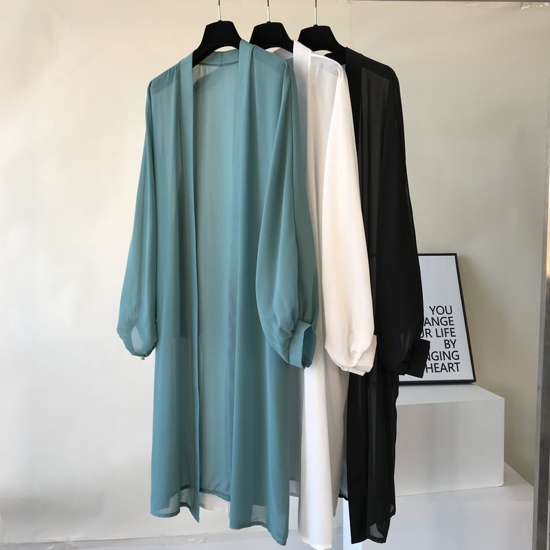 Cardigan long en mousseline de soie pour femmes, mode coréenne décontractée, été, vacances à la plage, châle respirant, couleur unie