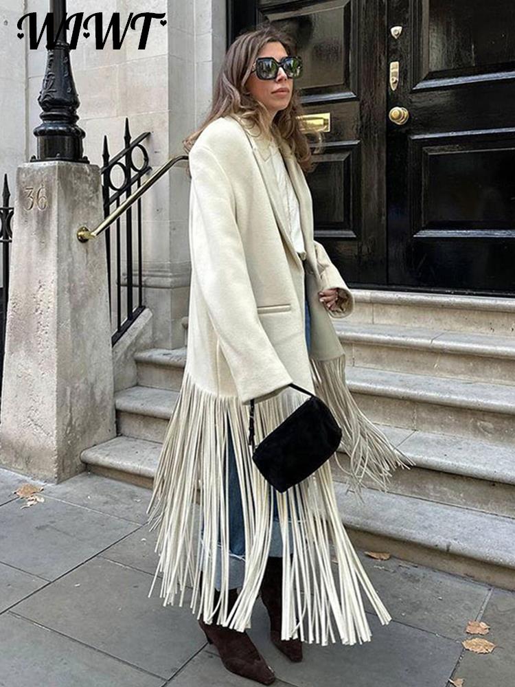 Manteau en laine à franges élégant pour femme, col rabattu, manches longues, poches, veste d'automne, mode Streetwear, Trench-coat, 2023