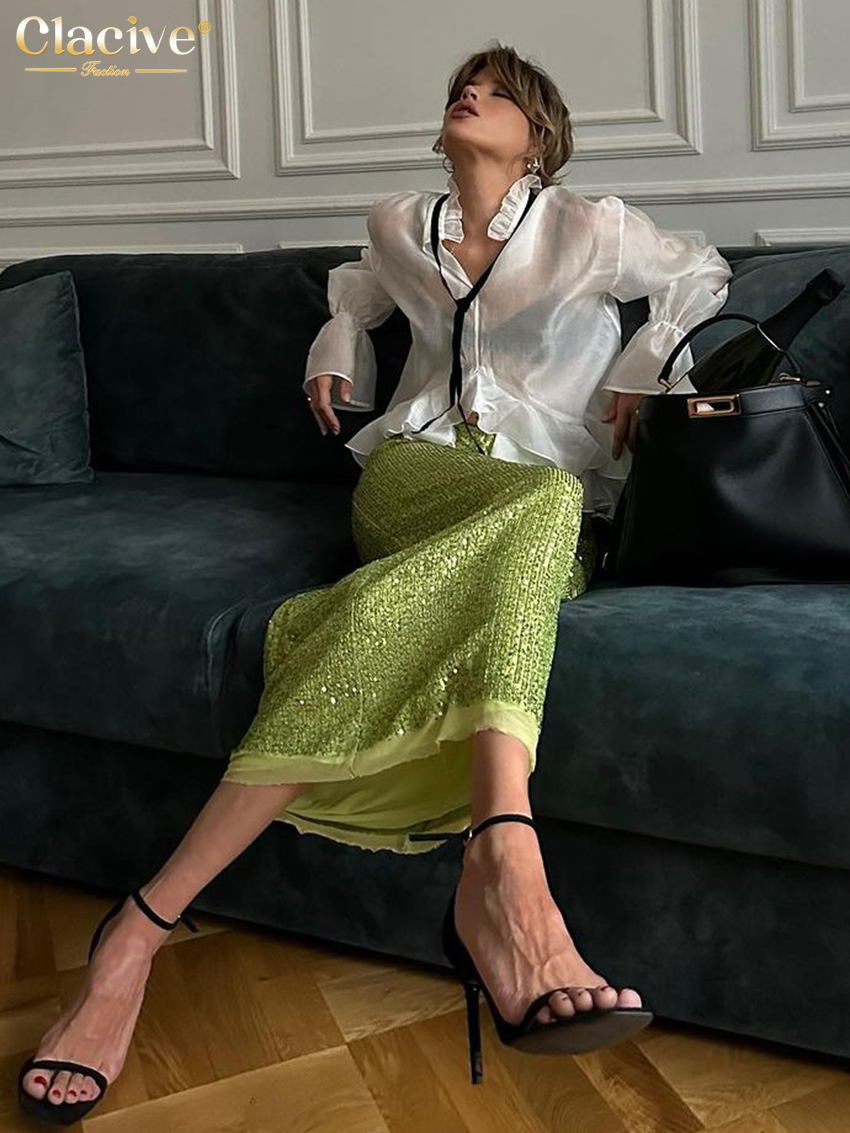 Clacive – chemise blanche ample et Sexy pour femmes, chemisiers à manches longues et col à volants, élégants, transparents, à la mode, 2024