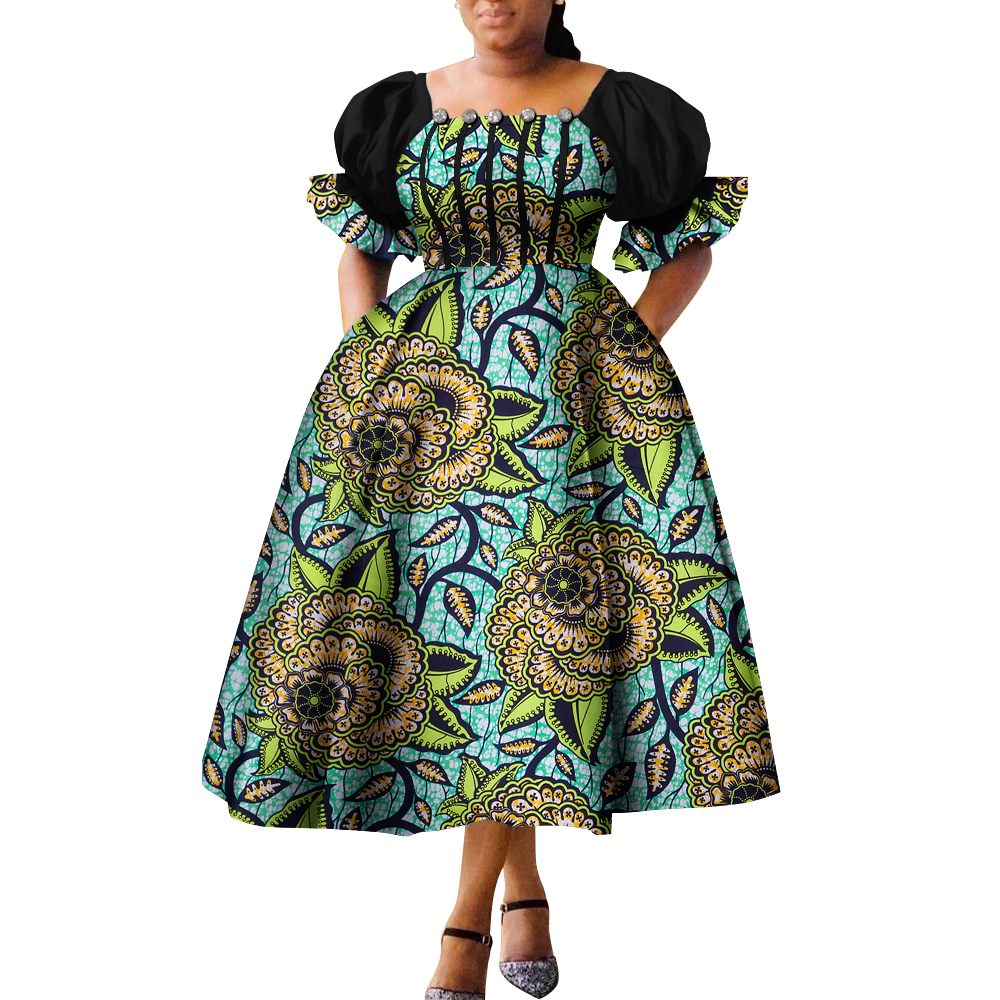 Robes de style africain pour femmes, robe de princesse Ankara, manches bouffantes, taille haute, vide, WY9970