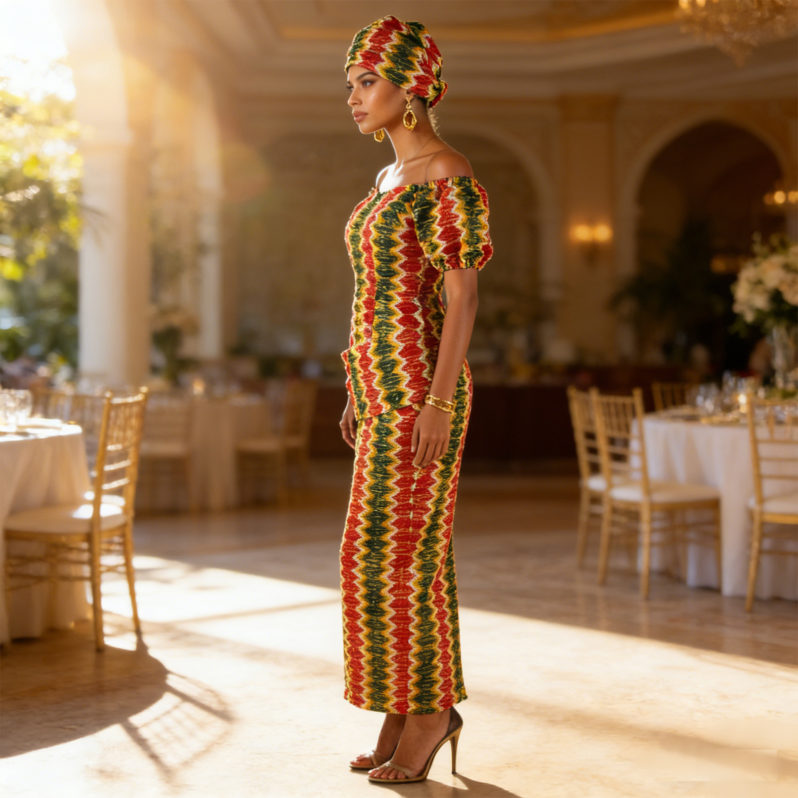 Robes de soirée africaines pour femmes, épaules dénudées, plis, robe Maxi avec foulard et boucles d'oreilles, mariage traditionnel, 2525052