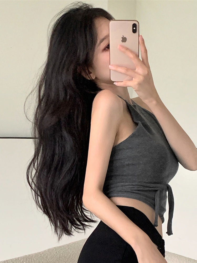 Crop Top Style Coréen Pure Desire Sweet pour Femme, Débardeur Y2K Halter à Nouer Dos Nu en Maille Sans Manches, Cami Extérieur Flatteur pour la Silhouette