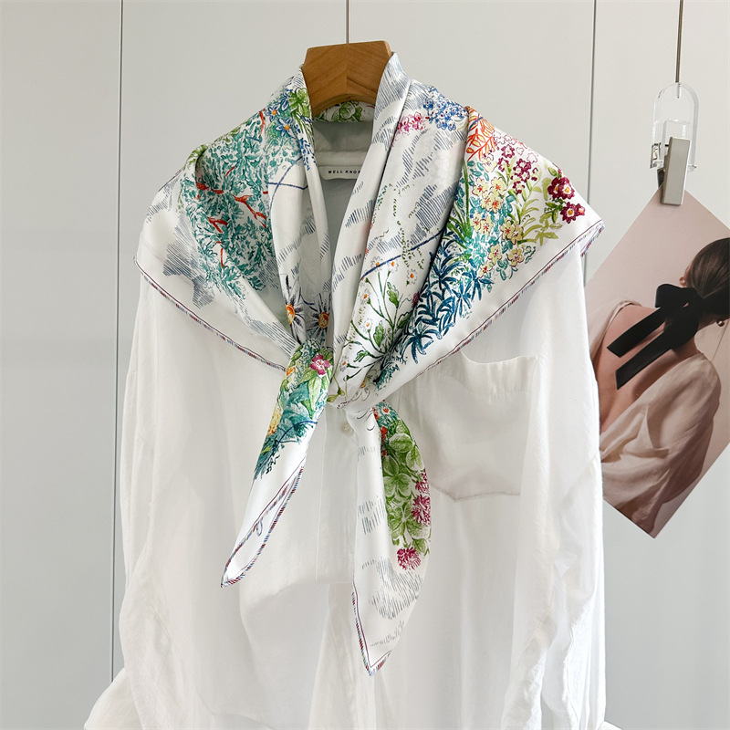 Écharpe en soie 100% à imprimés floraux, foulard pour femme, écharpes en soie véritable charmantes, châle 90x90cm