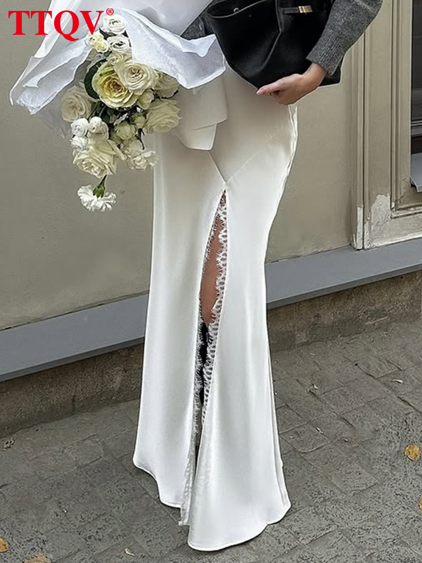 TTQV – jupe longue en Satin blanc pour femmes, ample, Sexy, taille haute, élégante, classique, fendue, vêtements féminins, 2026