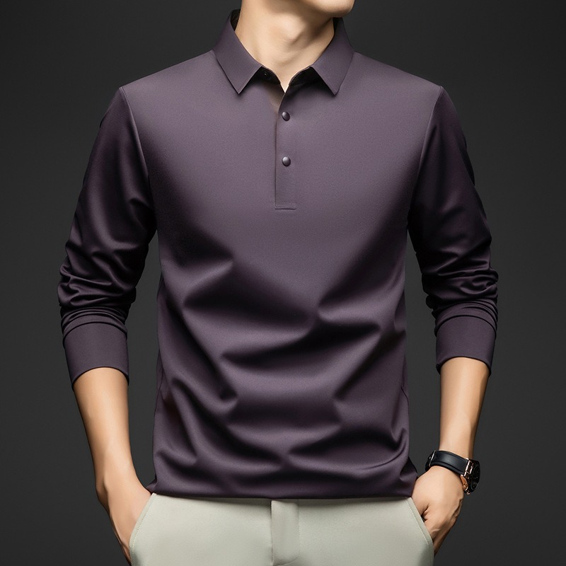Polo à manches longues pour hommes, en mélange de soie de mûrier, col classique, idéal pour un style décontracté et professionnel, couleur unie, pour hommes d’âge mûr.