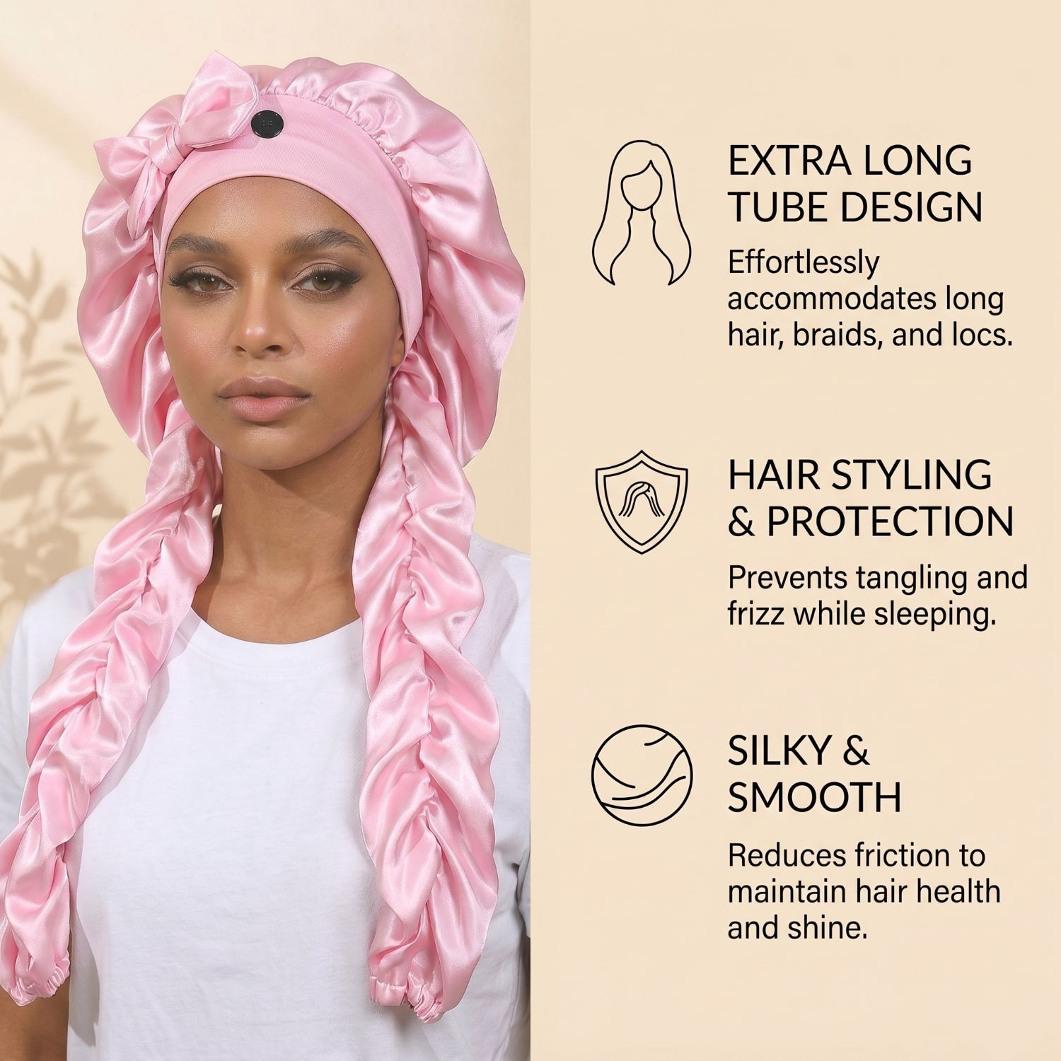 Bonnet en satin sans chaleur pour dormir, bonnet de nuit antidérapant avec longs rubans bouclants pour tresses et cheveux longs