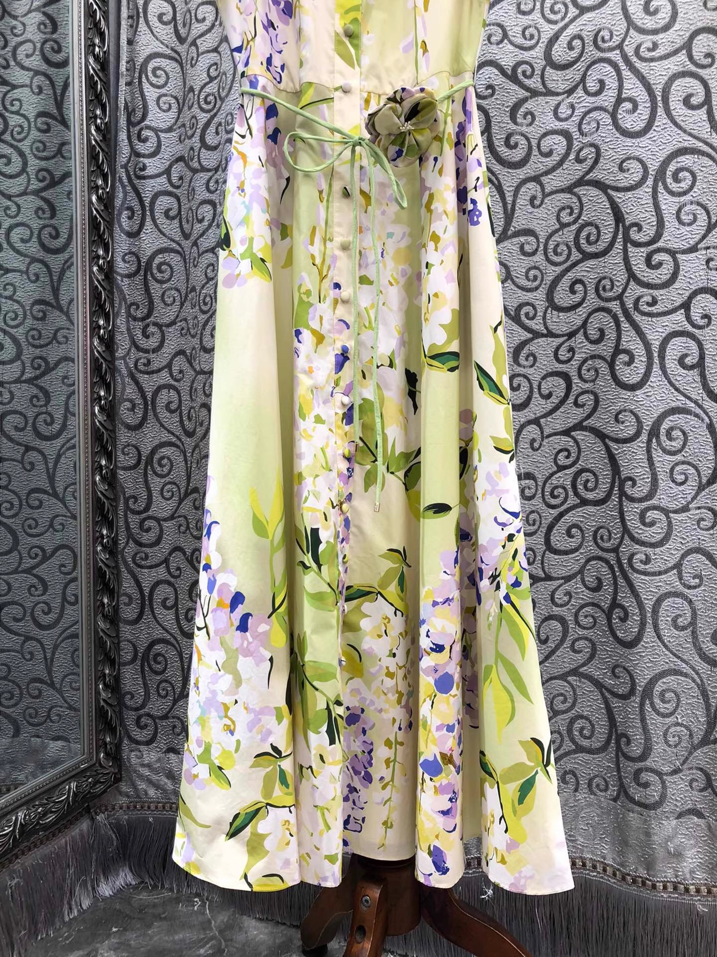100% coton robe longue 2026 printemps été femmes col rabattu doux imprimé fleuri ceinture déco à manches courtes longue robe Maxi de luxe