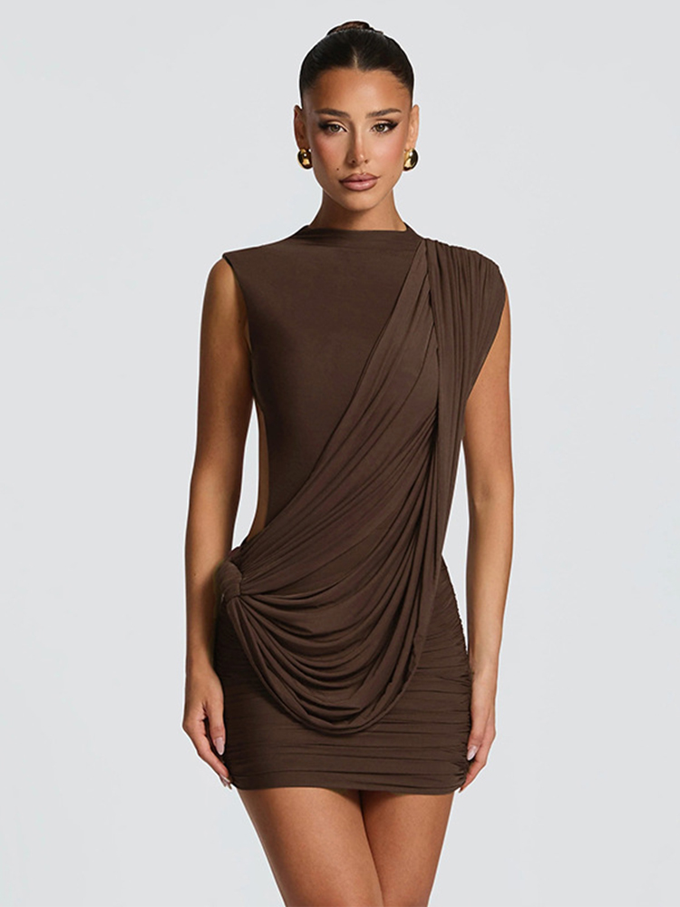 Robe courte drapée asymétrique sans manches, dos nu, moulante, marron, pour femmes, sexy, pour soirées, cocktails et clubs.