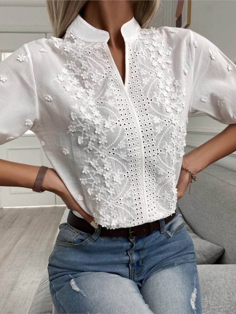 Chemisier élégant à manches courtes et col en V pour femmes, chemise en dentelle pour femmes, haut blanc, décontracté, bureau, fête, t-shirts pour femmes, nouvelle mode, été