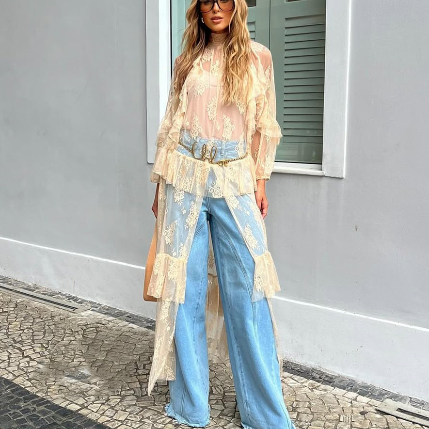Femmes pure à manches longues dentelle Duster Robe voir à travers maille courte devant longue dos décontracté haut fluide asymétrique couverture Ups