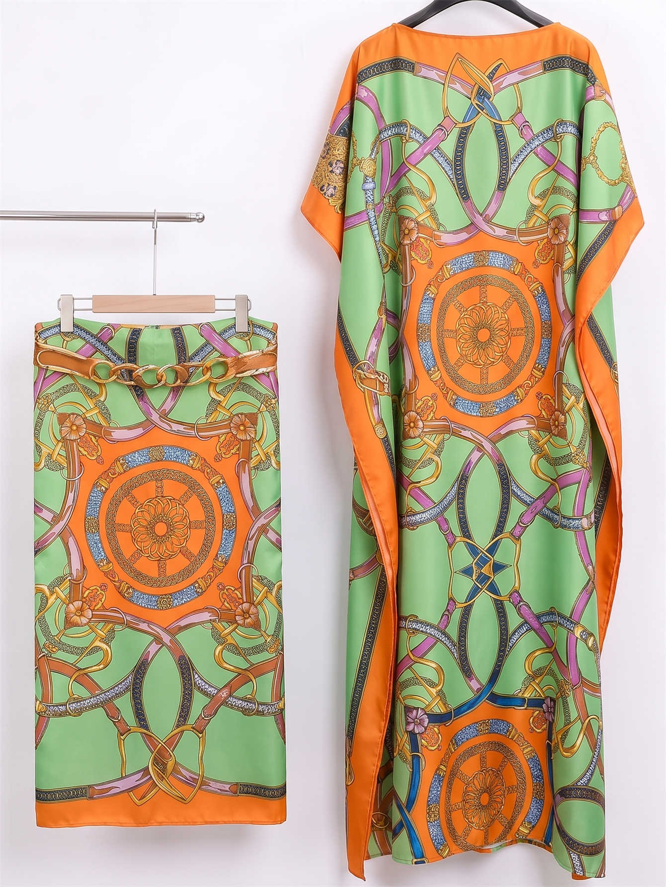 Kaftan Abaya musulman pour femmes avec hijab assorti, imprimé chaîne, robe maxi ample à manches chauve-souris, ensemble de robe longue pour femmes malaisiennes