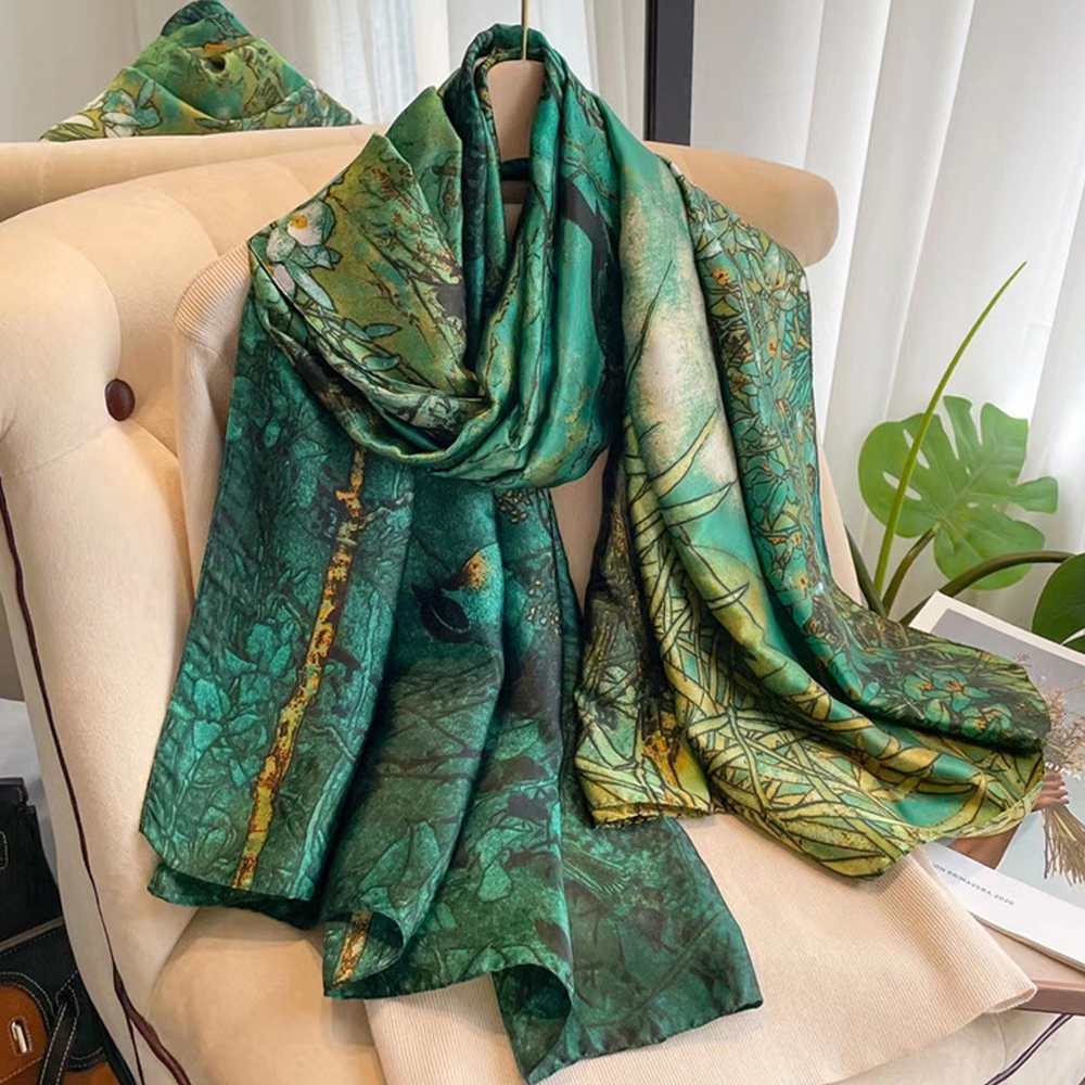Écharpe de luxe en soie verte 85*180cm pour femme, douce et lisse, foulard, hijab, écharpe d'extérieur, châle long, serviette de plage