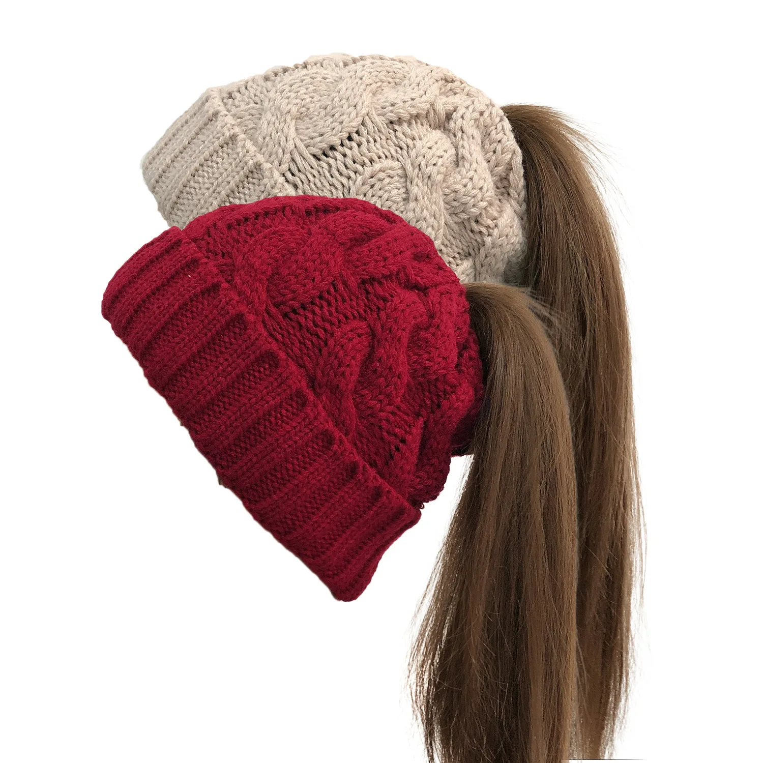 Femmes hiver chapeaux bonnets tricoté filles casquette torsion Crochet chapeaux d'hiver pour femme pompon Beanie oreille tresse queue de cheval chapeau Skullies