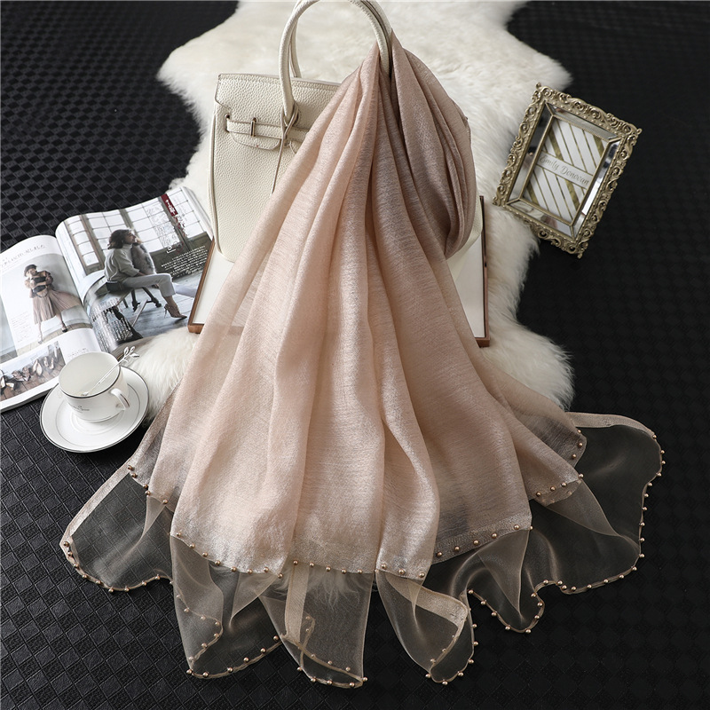 Mode nouvelles femmes soie coton mélange écharpe châle plaine doux sauvage perlé Turban Match luxe dames voyage Protection solaire foulards