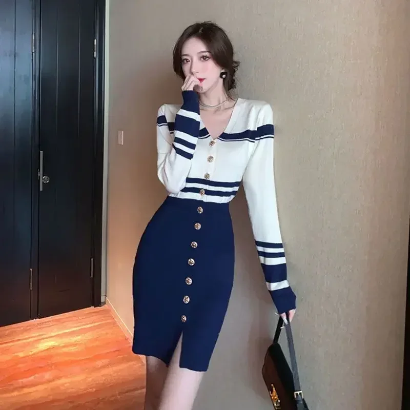 Robes au crochet pour femmes, col en V, vêtements esthétiques, rétro, luxe, haute qualité, hiver, automne, média, G X