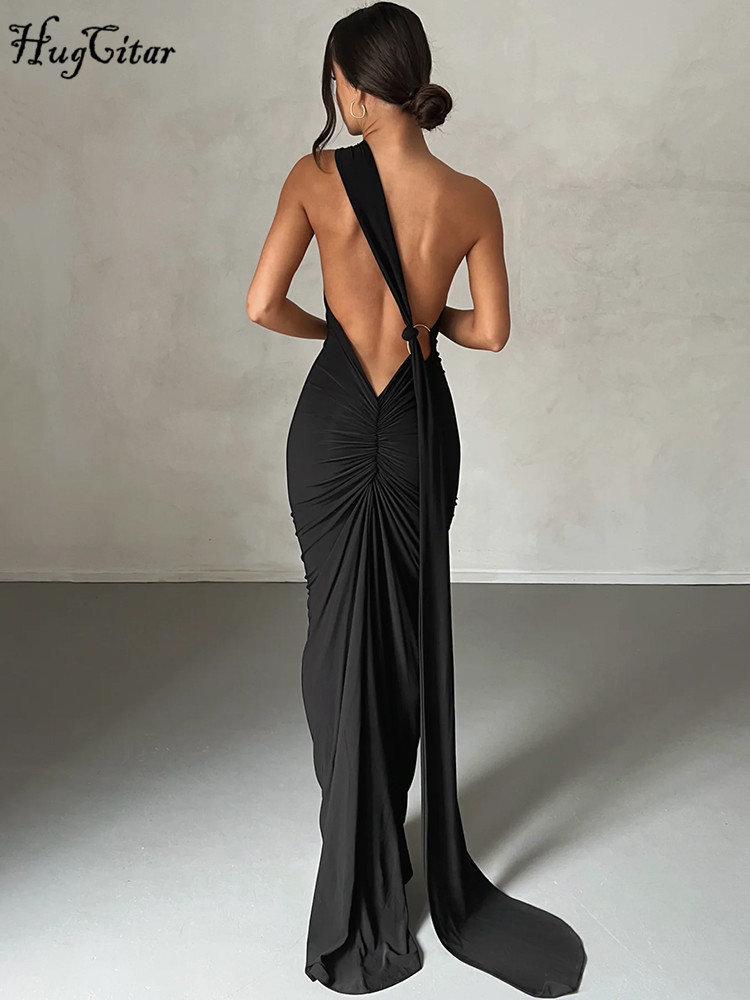 Hugcitar – robe Maxi asymétrique épaule dénudée, dos nu, écharpe réglable, froncée, Sexy, élégante, Y2K, Streetwear, tenue de Festival