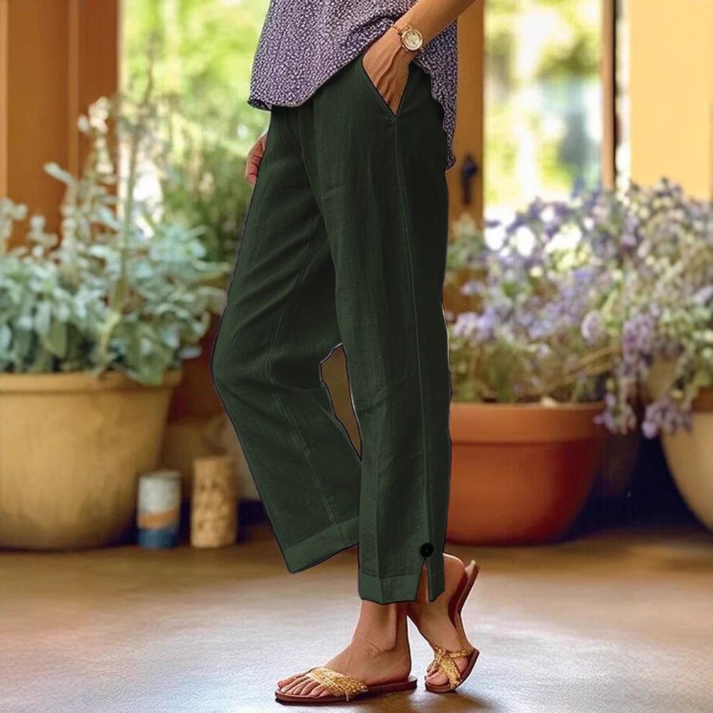 Pantalons décontractés pour femmes mélange de coton et de lin taille élastique poche mode Simple fente bouton basique polyvalent jambe droite pantalon