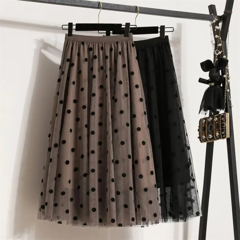 Jupe longue en maille floquée pour femme, style coréen, jupe midi en tulle à fleurs, taille haute, vintage, noire, à pois, pour l'été et l'automne