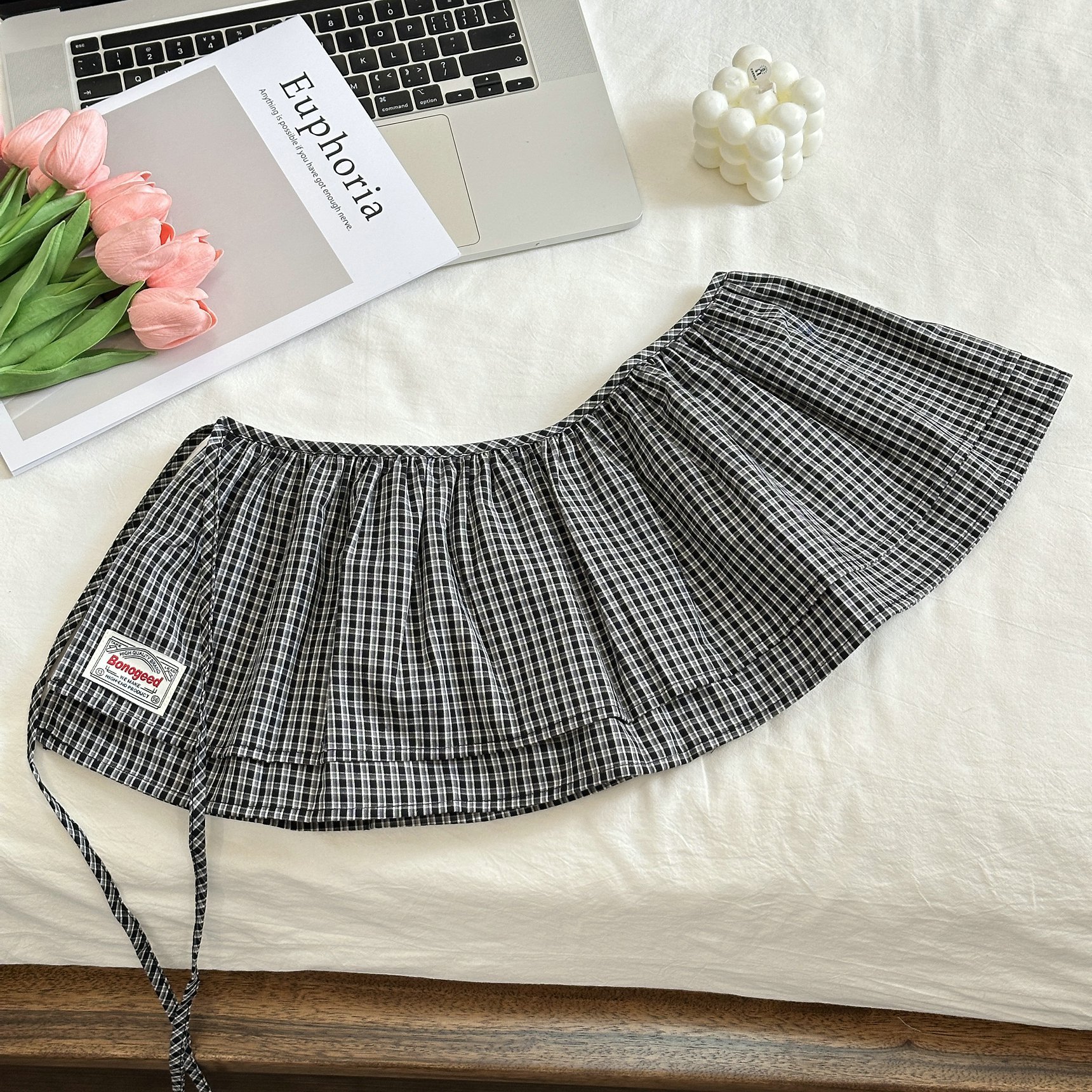 Style coréen 2025 nouvelle mode rétro à lacets Plaid décoratif Double couche pet rideau coton jupe femmes mode jupe