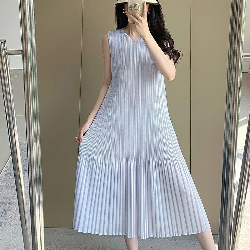 Nouvelle Robe Plissée Simple Lssey Miyake pour Femme – Gilet Sans Manches Ample et Élégant – Vêtement Féminin Haut de Gamme