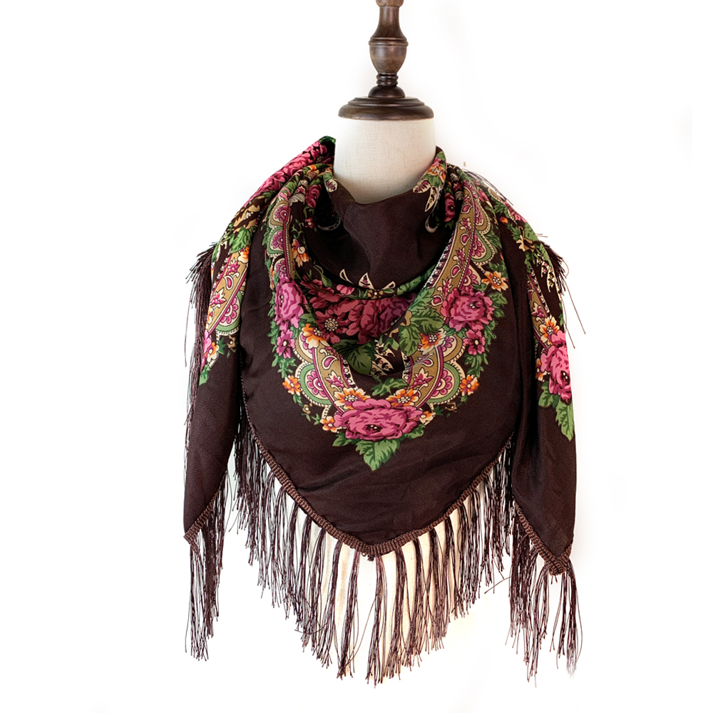 Écharpe carrée nationale russe 135*135cm, motif floral rétro, châle ukrainien à franges, foulard babouchka, couvre-chef