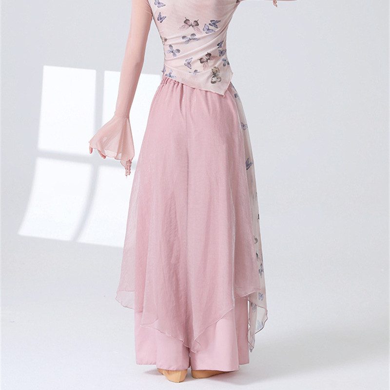 Pantalon de danse 2 couches pour femmes, jupe-culotte en mousseline de soie imprimée, jupe fluide, ample, jambes larges, moderne, Hanfu, vêtements d'entraînement élégants