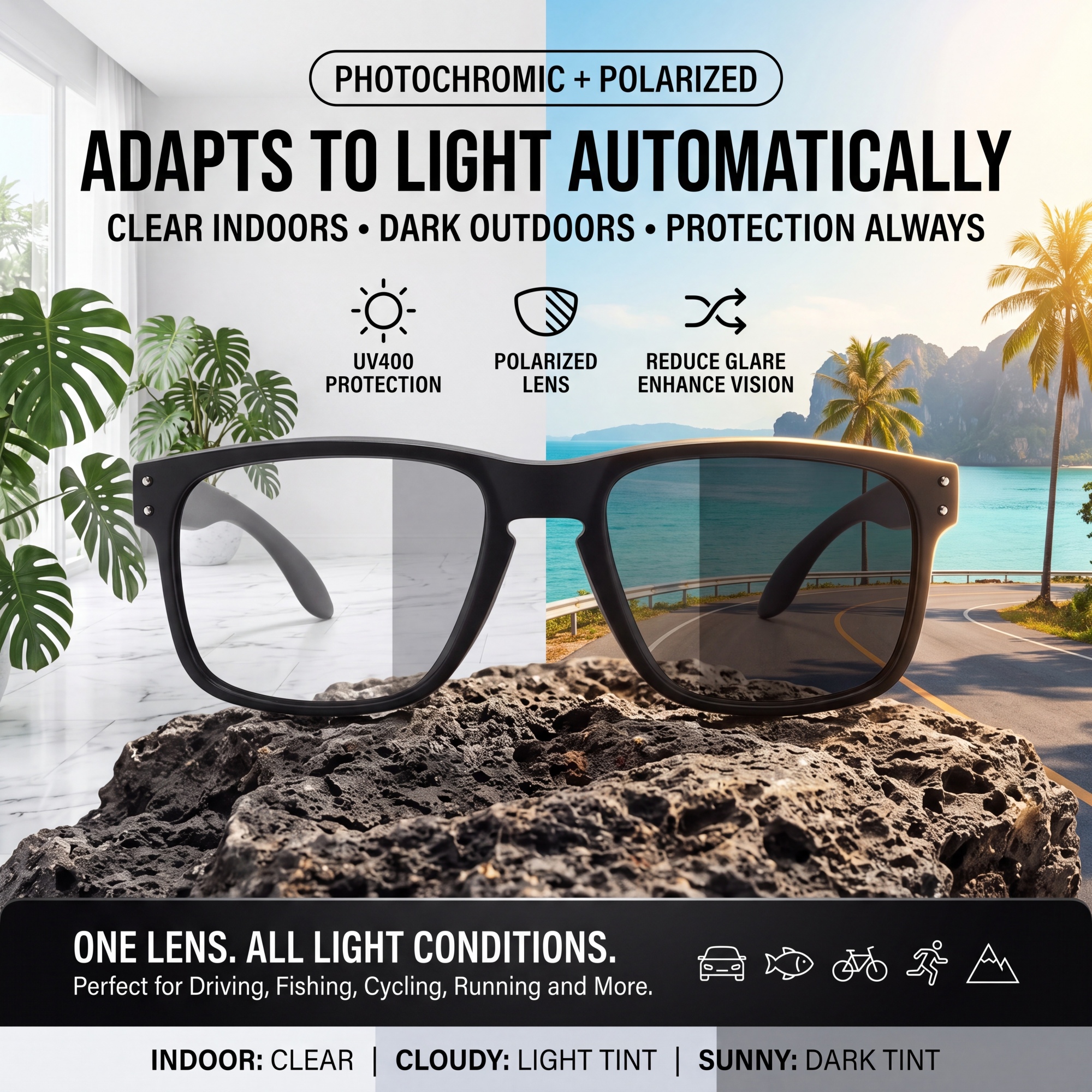 Lunettes de soleil sportives polarisées photochromiques unisexes à monture carrée UV400 anti-reflets, confortables pour la conduite, la pêche et le cyclisme