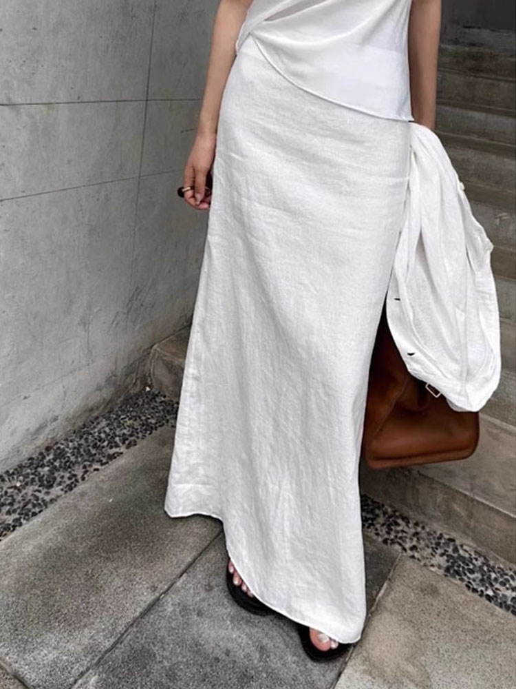 Jupe longue élégante en coton blanc uni pour femme, fendue, taille haute, coupe droite, longueur cheville, idéale pour le bureau