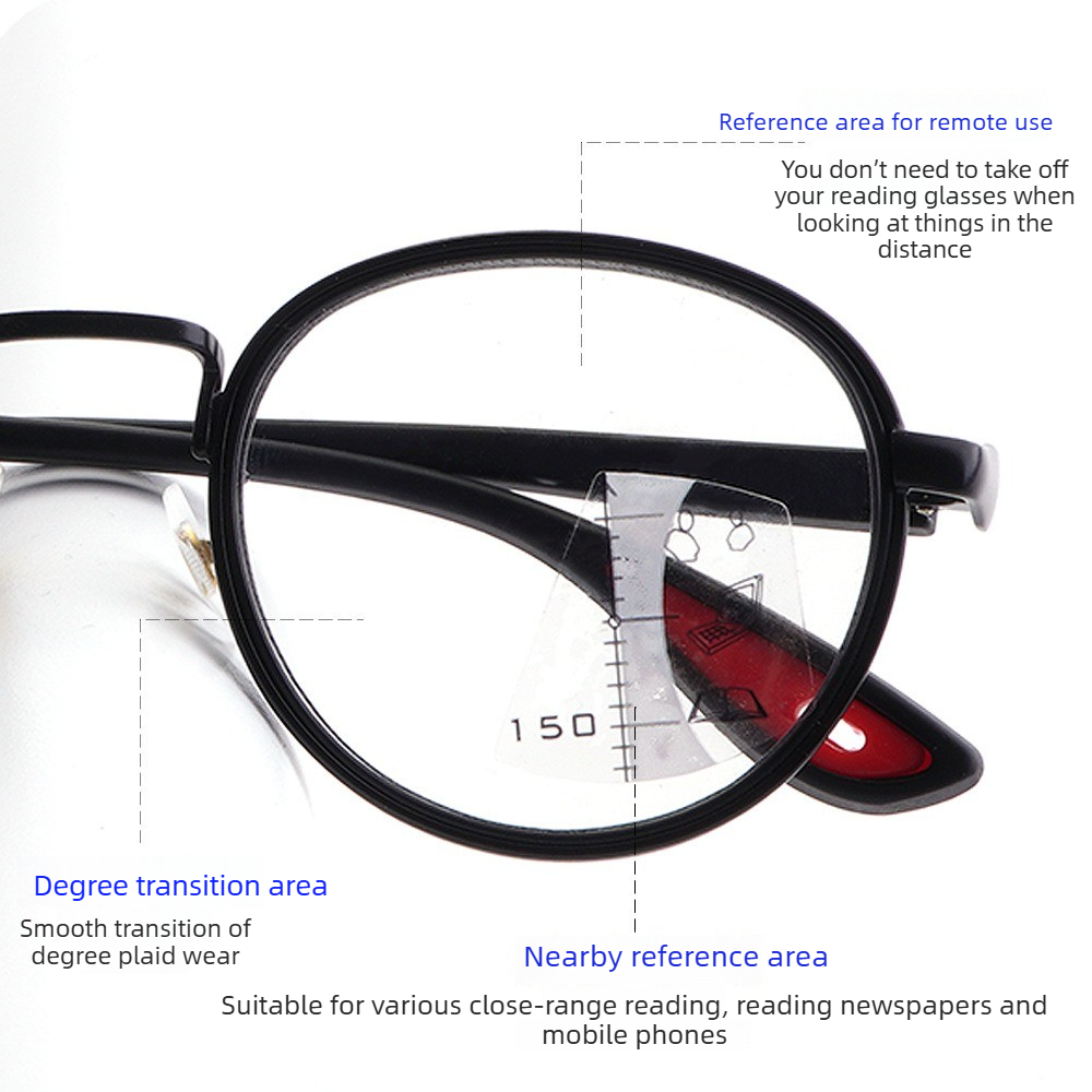 Lunettes de lecture progressives multifocales photochromiques anti-lumière bleue à monture ronde en métal, unisexe, double usage pour la vue de près et de loin