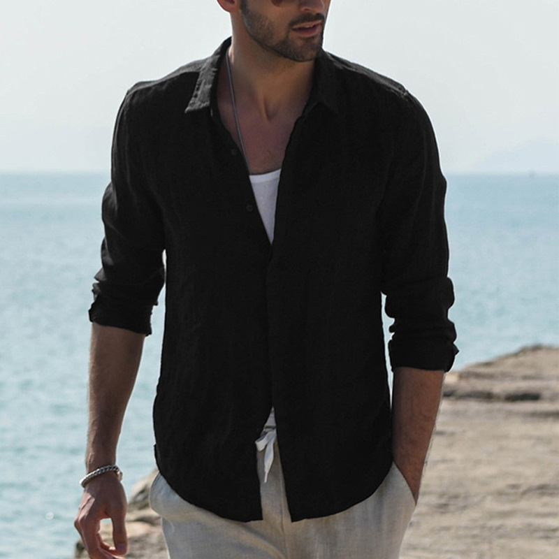 Chemise unie pour homme - En lin - Avec col montant aux poignets - Chemise de plage légère