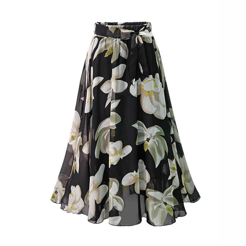 Grande taille imprimé Jupe florale femmes 2024 été ample élastique taille haute en mousseline de soie jupes mi-longues à lacets nœud L-5XL Swing Jupe Femme