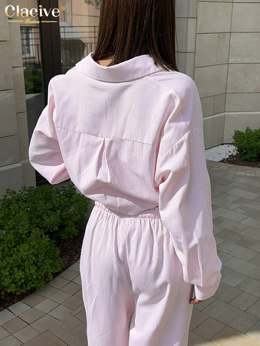 Clacive mode ample rose rayure pantalon ensemble 2 pièces femme élégant à manches longues Blouse avec taille haute large pantalon ensemble femme