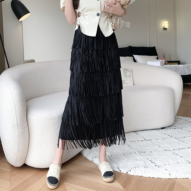 Jupe longue à franges avec doublure pour femme, taille élastique, ligne A, noir et blanc, mode printemps et été