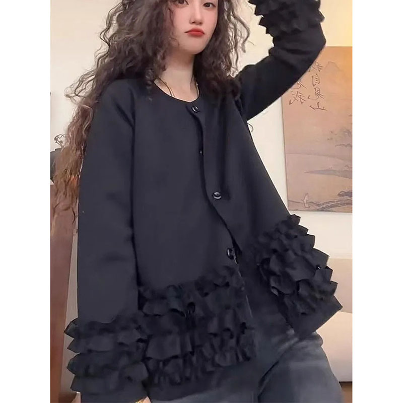 Manteau pour femme, design tendance, bordure à volants, manteau noir, idéal pour le printemps et l’automne, beau col rond, coupe ample, manches longues, vêtement d’extérieur décontracté.