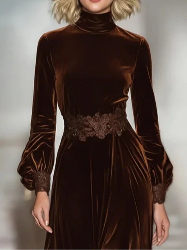 Robe longue en velours pour femmes, élégante, Vintage, couleur unie, col roulé, ourlet en dentelle, taille haute, ligne a, robes de soirée, printemps automne