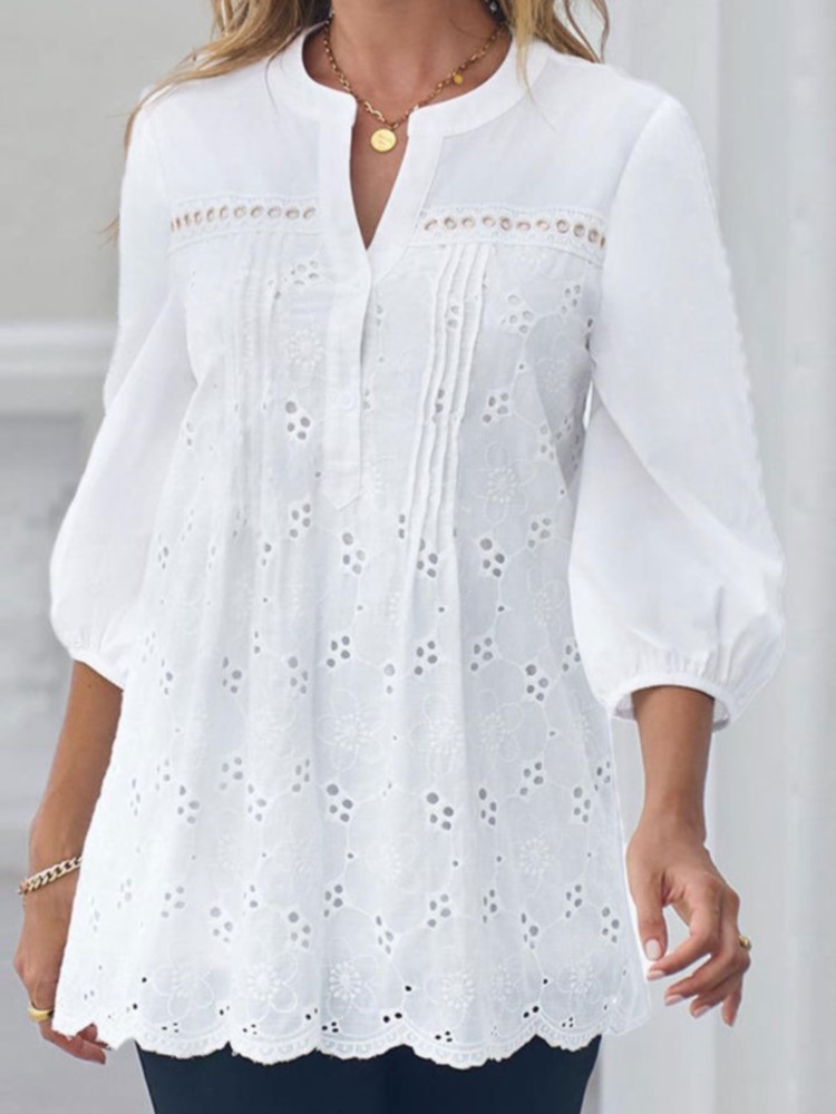 Pull à col en V évidé en dentelle blanche pour femmes, haut décontracté, chemise d'été élégante, vêtements de bureau, mode