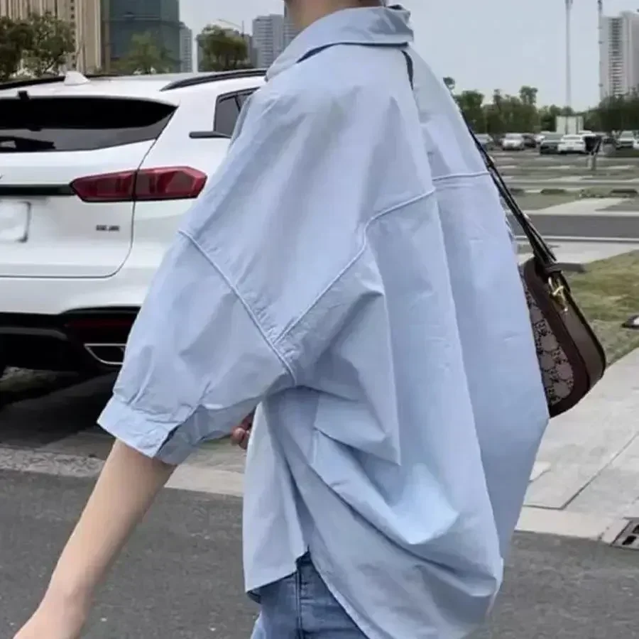 Femmes Blouses élégant Streetwear bureau décontracté ample boutonné blanc bleu à manches longues Vintage surdimensionné chemise hauts