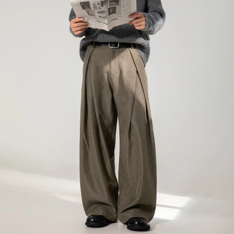 Pantalon large pour homme, taille haute, plissé, décontracté