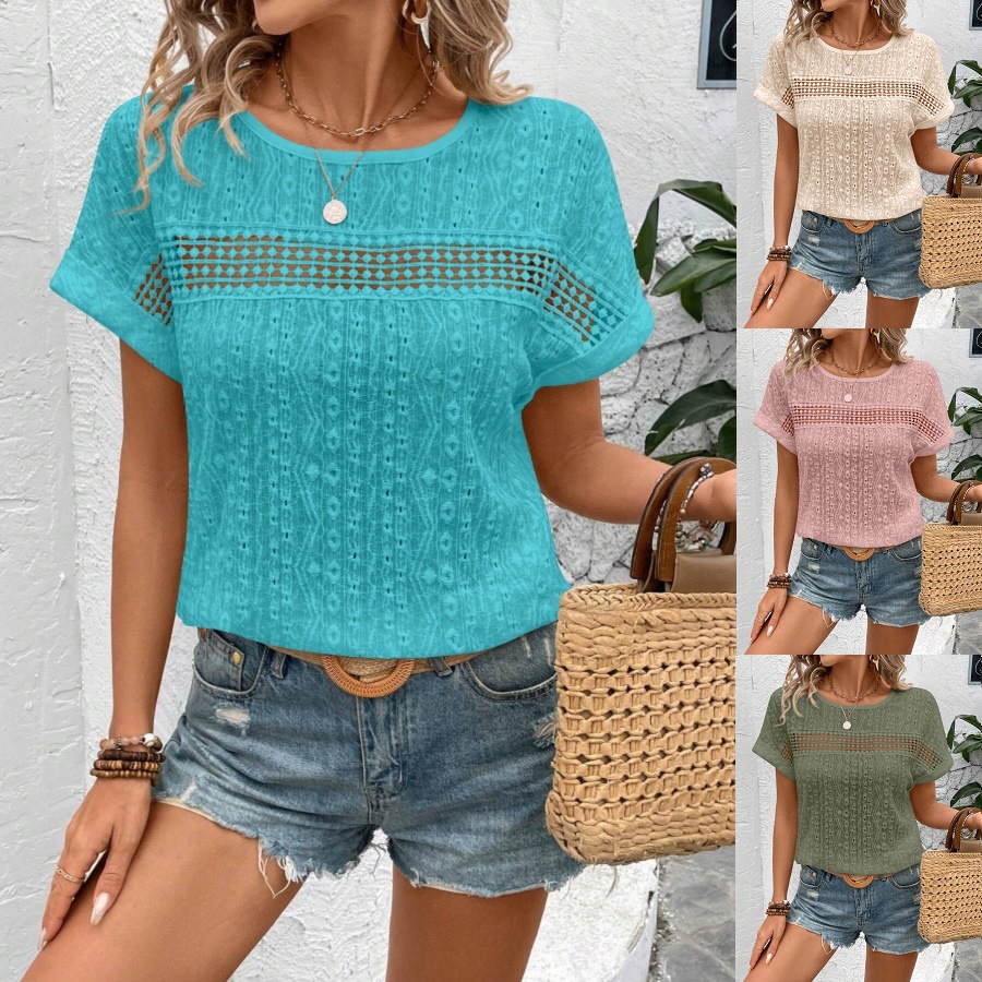 Chemisier d'été pour femmes, mode élégante, manches courtes, chemises ajourées, décontracté, couleur unie, col rond, chemise ample, grande taille, vêtements 2025