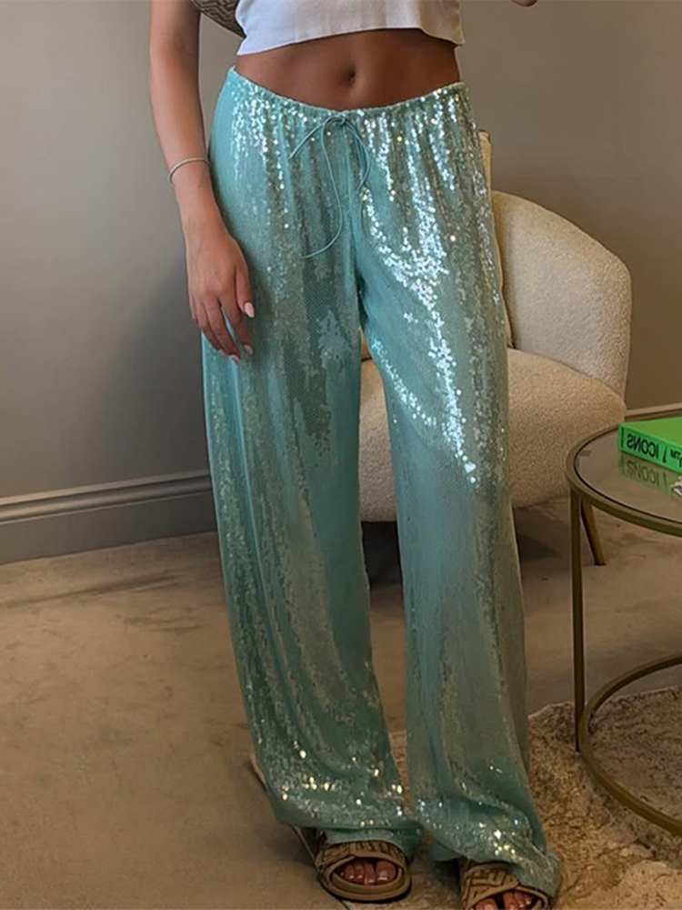 Pantalon décontracté à paillettes pour femmes, ample, taille élastique, jambes larges, mode printemps été 2021, Chic, solide, streetwear pour dames