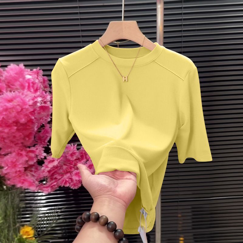 Haut à manches mi-longues pour femmes de style coréen, chemise basique tendance et polyvalente, coupe ajustée, col semi-haut, t-shirt à manches courtes, vêtements