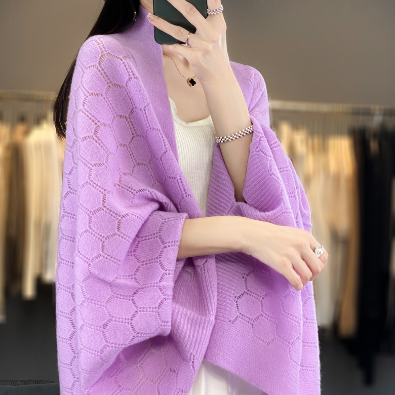 Cardigan en laine mérinos 100% pour femmes, nouvelle mode printemps, doux et élégant, écharpe tricotée ajourée, design sphérique, châles de style coréen